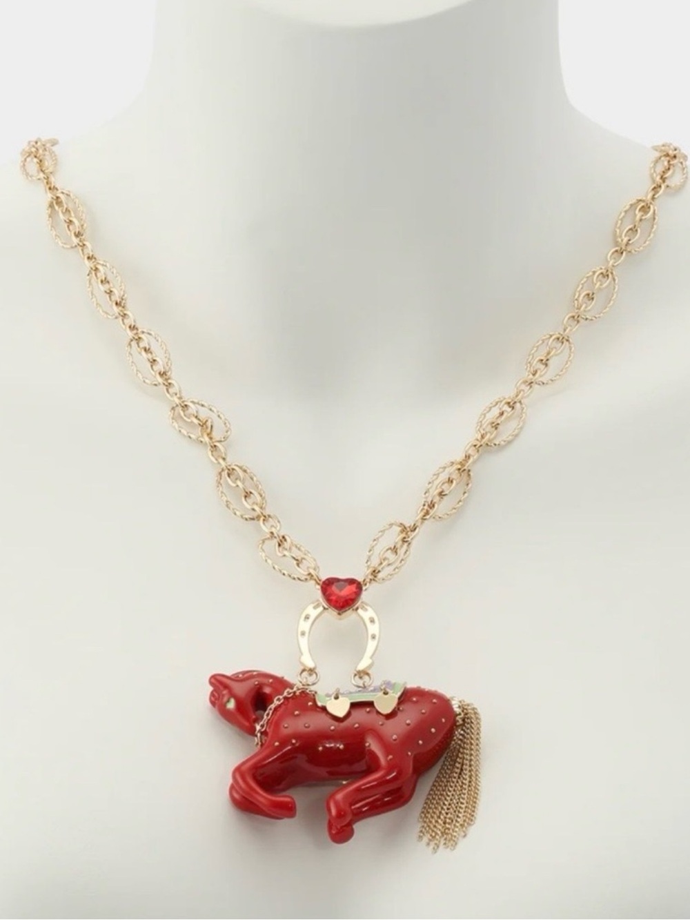 🐎🧲BETSEY JOHNSON Year of the Horse Pendant Necklace Red Gold Crystal